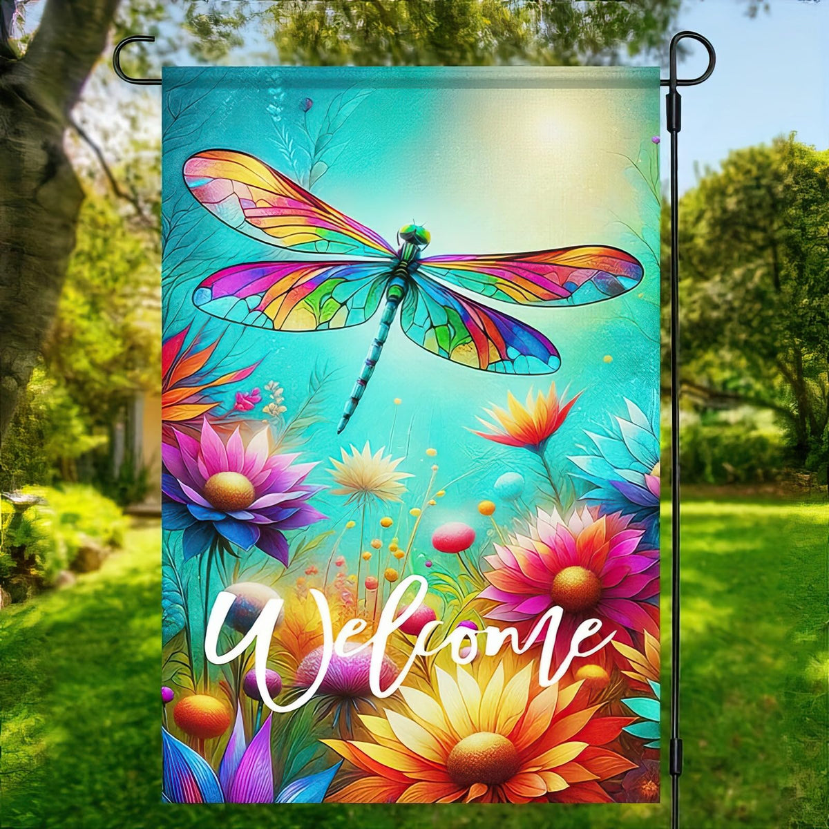 HOMETITUTE full-flower dragonfly flag offers double-sided charm for entryways