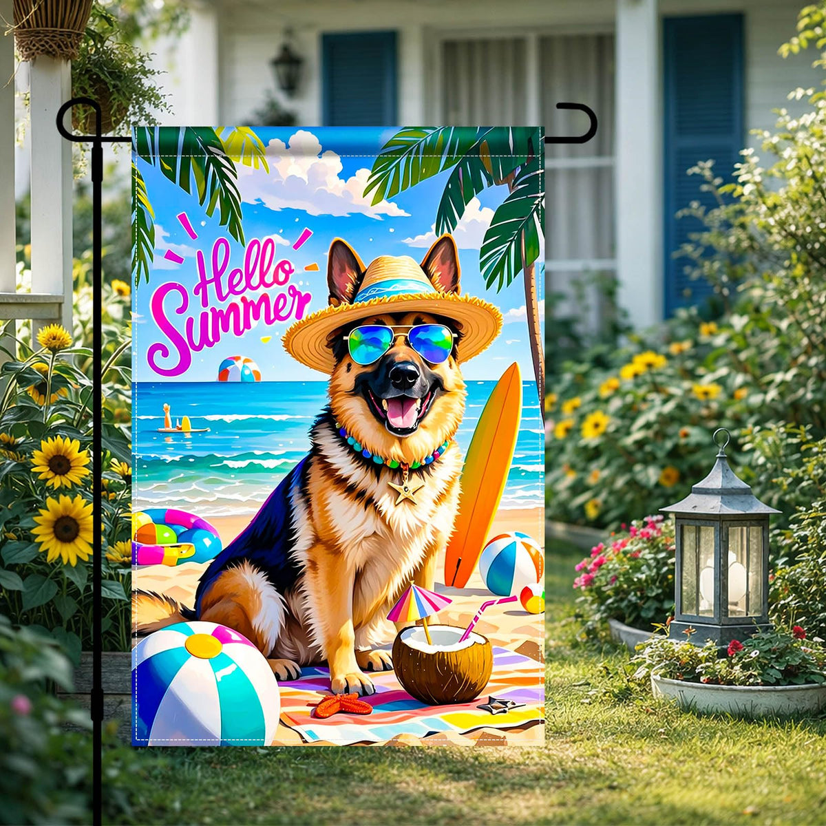 HOMETITUTE flag shows dog wearing sunglasses and straw hat, a playful yard accent.