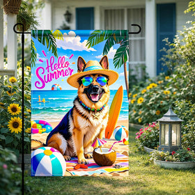 HOMETITUTE flag shows dog wearing sunglasses and straw hat, a playful yard accent.