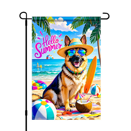 HOMETITUTE German Shepherd flag on sunny beach scene for outdoor summer decor.