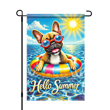 HOMETITUTE Hello Summer flag with french bulldog by a pool boosts outdoor curb appeal