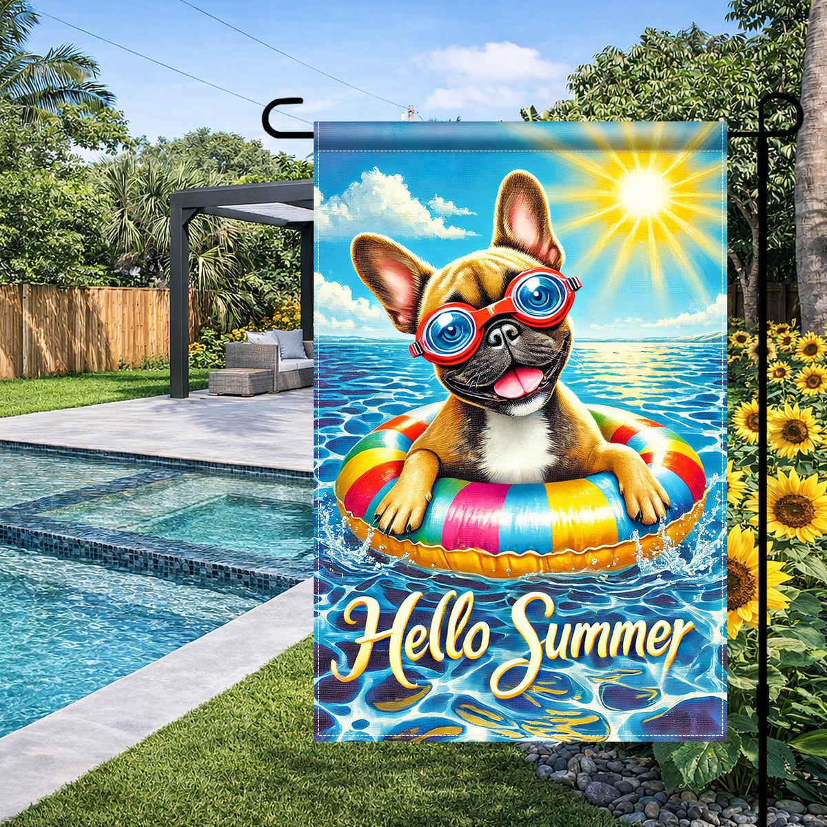 HOMETITUTE Hello Summer flag vertical 12x18 design highlights pool party scene