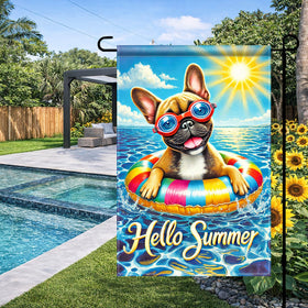 HOMETITUTE Hello Summer flag vertical 12x18 design highlights pool party scene