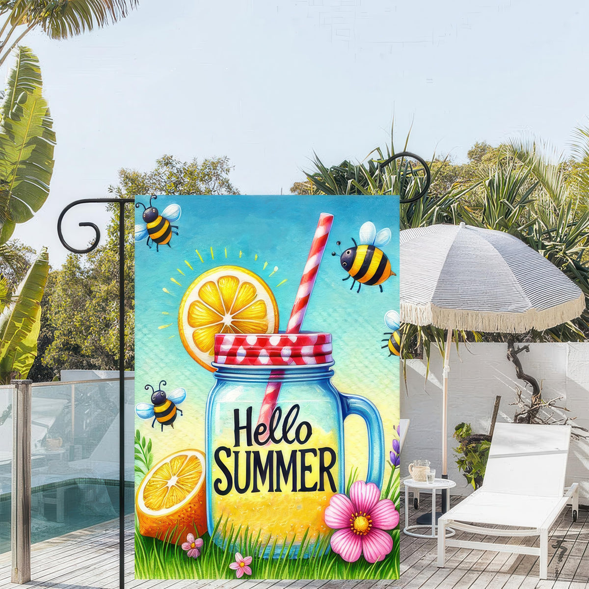 HOMETITUTE Hello Summer Mason Jar flag bees and flowers for garden vibes