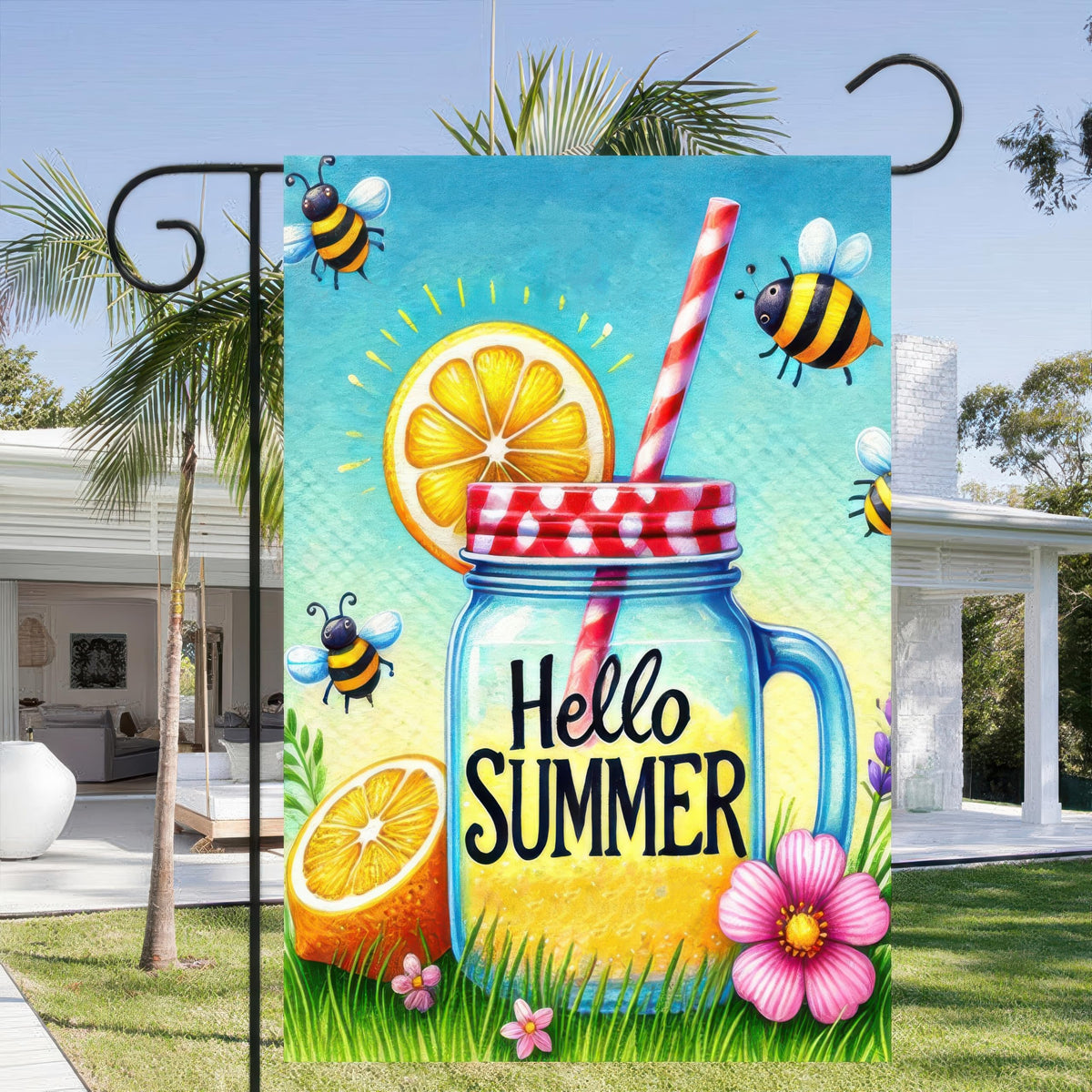 HOMETITUTE Hello Summer Mason Jar flag double-sided print view from both sides