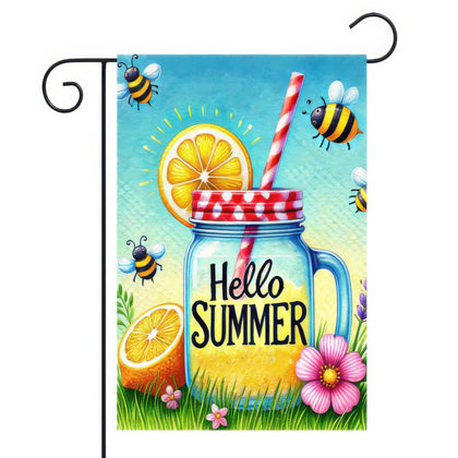 HOMETITUTE Hello Summer Mason Jar flag front view with nautical charm for curb appeal