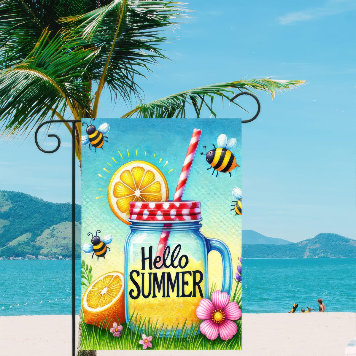 HOMETITUTE Hello Summer Mason Jar flag close-up lemonade detail for inviting ambiance