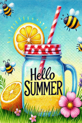 HOMETITUTE Hello Summer Mason Jar flag outdoors in a garden setting