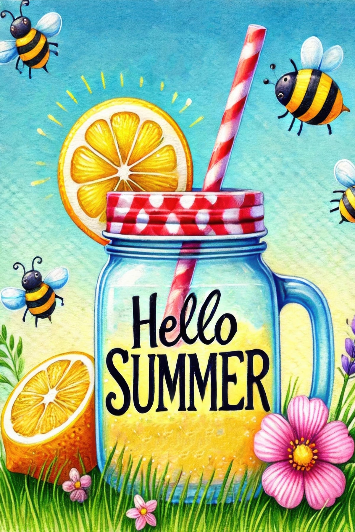 HOMETITUTE Hello Summer Mason Jar flag top sleeve for easy hanging on a pole