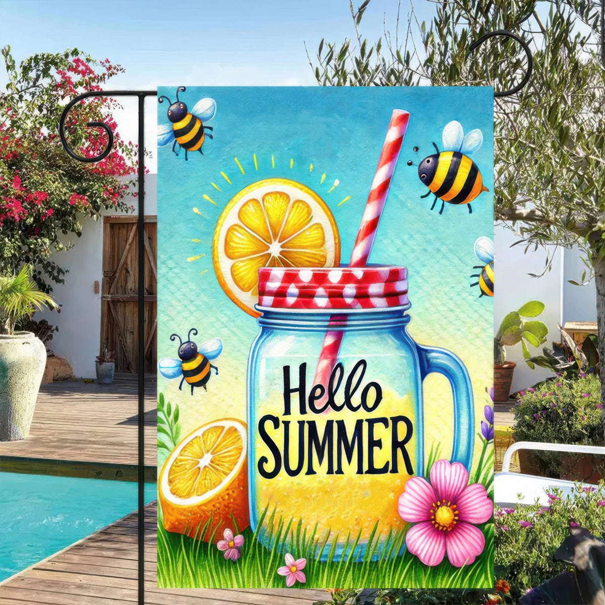 HOMETITUTE Hello Summer Mason Jar flag whimsical design for seasonal decor