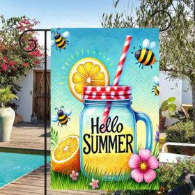 HOMETITUTE Hello Summer Mason Jar flag whimsical design for seasonal decor