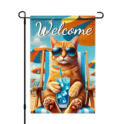 HOMETITUTE Hello Summer orange cat on beach chair flag adds playful curb appeal outdoors.
