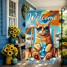HOMETITUTE Cat sipping a drink highlights relaxed summer ambiance for outdoor spaces.