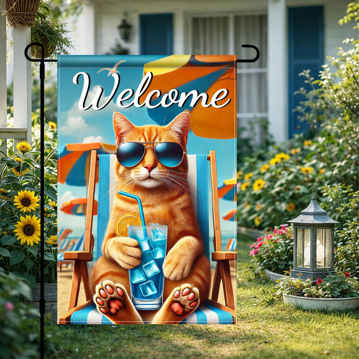 HOMETITUTE Hello Summer orange cat with sunglasses adds coastal vibes outdoors.