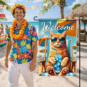 HOMETITUTE Outdoor summer garden decor cat flag enhances entryway appeal.