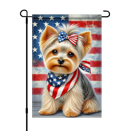 HOMETITUTE patriotic Yorkshire Terrier flag, front view, with durable outdoor fabric for yard display.