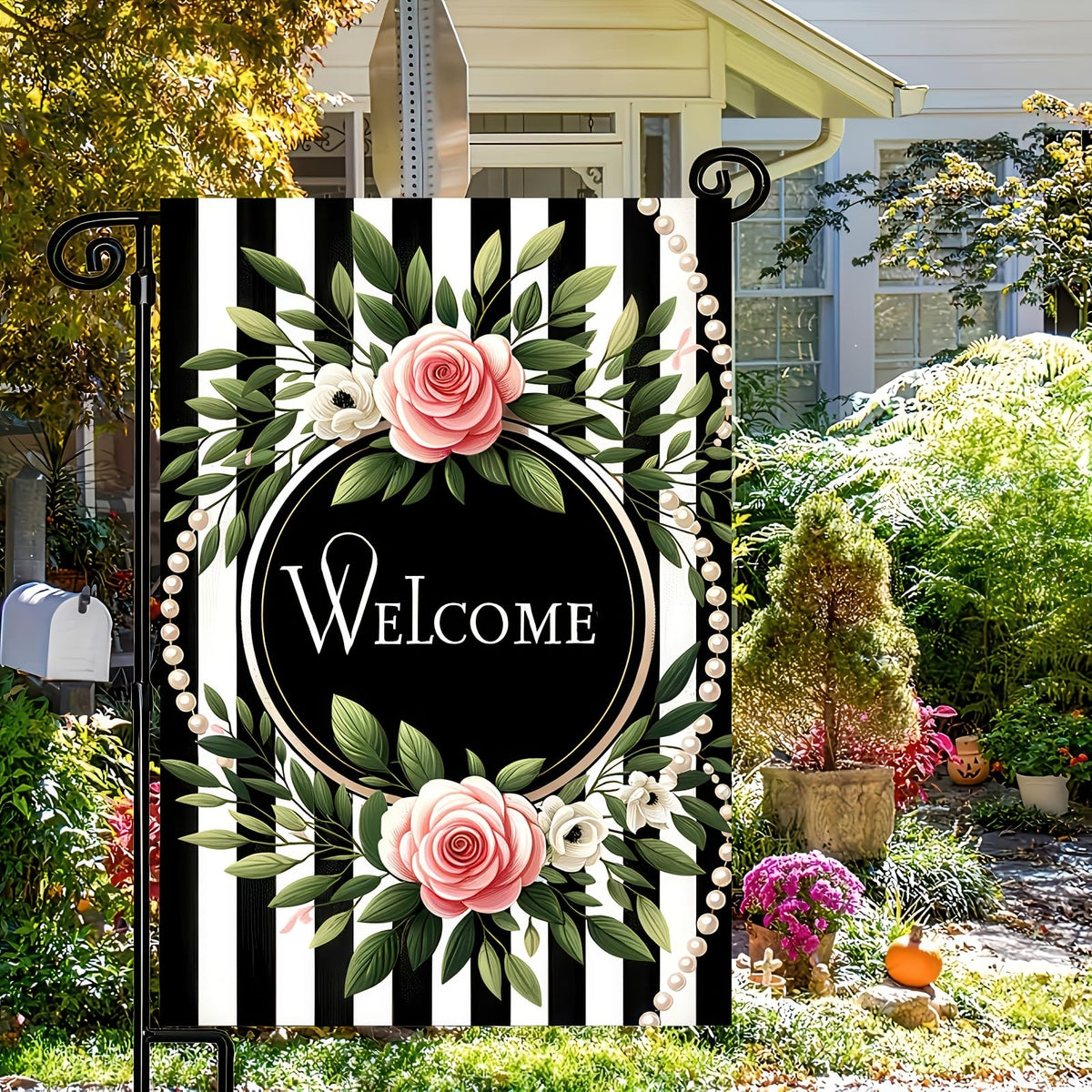 HOMETITUTE pink roses and stripes flag durable outdoor decor