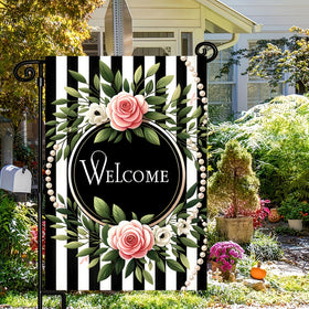 HOMETITUTE pink roses and stripes flag durable outdoor decor
