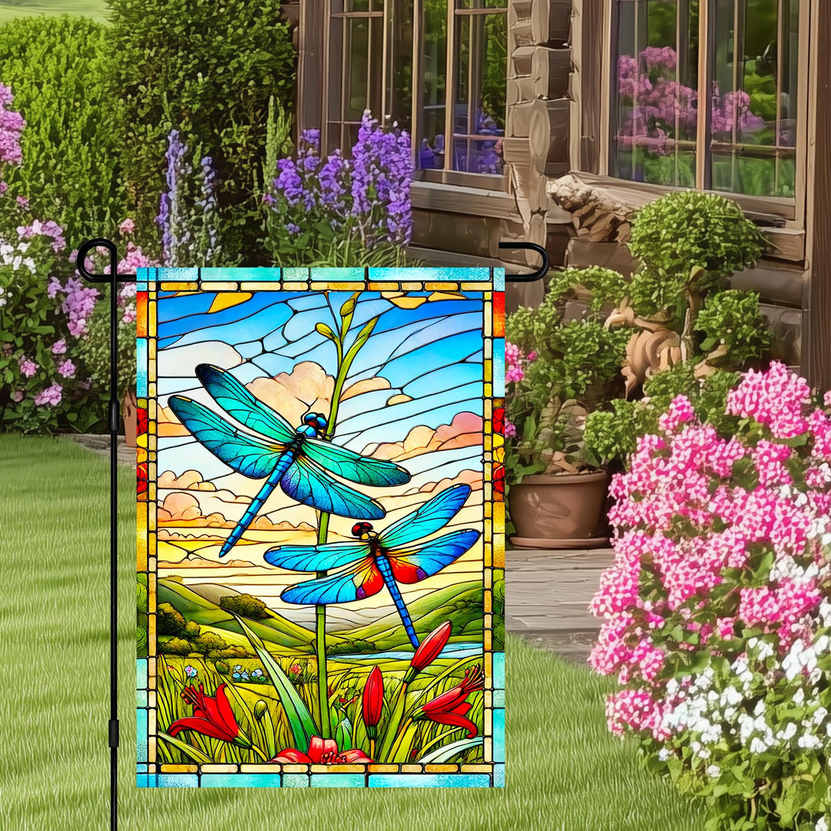 HOMETITUTE spring garden flag featuring dragonflies adds color to entryways.