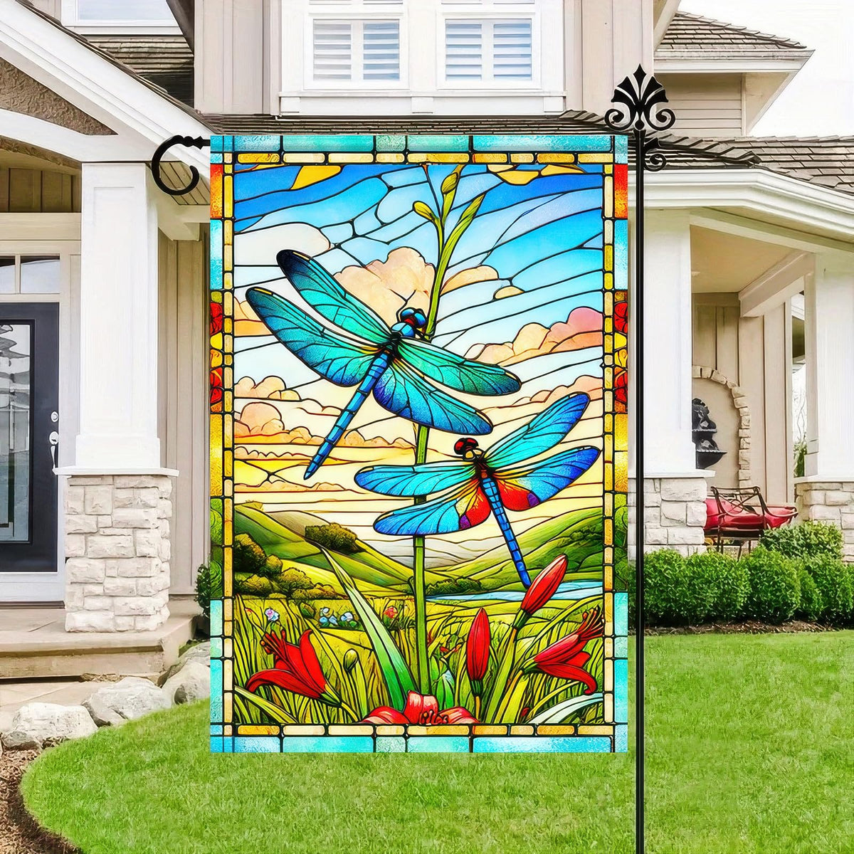 HOMETITUTE spring entryway flag creates a welcoming garden atmosphere.