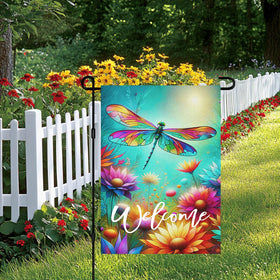 HOMETITUTE spring-summer garden flag featuring vibrant dragonflies