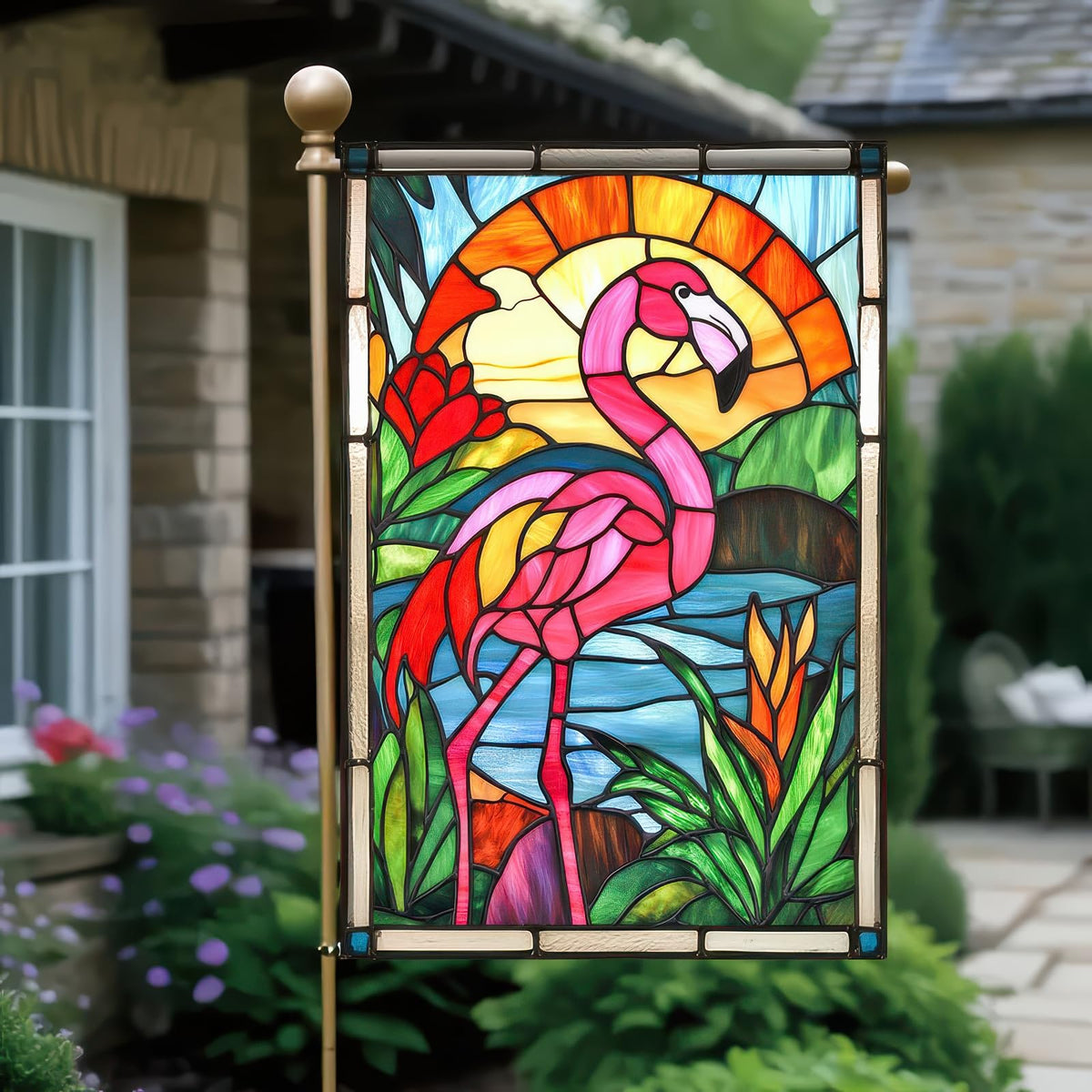HOMETITUTE Stained Glass Flamingo Flag 12x18 for easy display