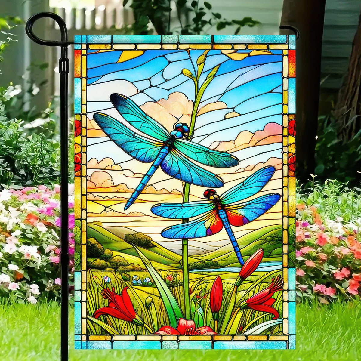 HOMETITUTE stained glass nature art flag adds colorful garden detail.