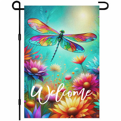 HOMETITUTE welcome dragonfly flag with flowers for bright curb appeal