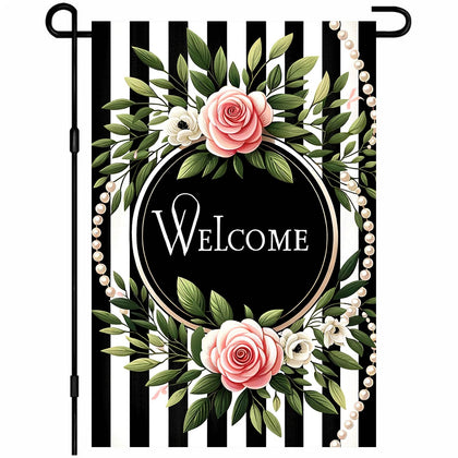 HOMETITUTE welcome garden flag with pink roses enhances curb appeal outdoors