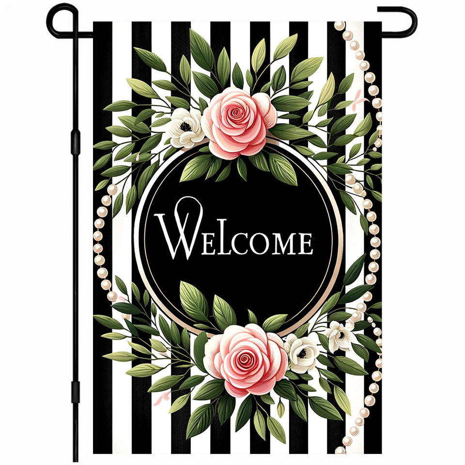 HOMETITUTE welcome garden flag with pink roses enhances curb appeal outdoors