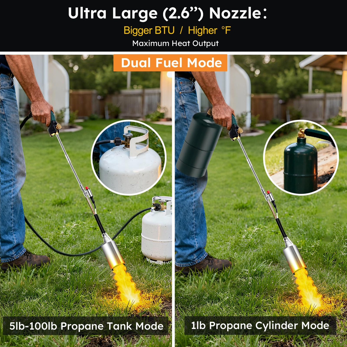 HomeyVenture weed burner with 10 ft hose enables use with large propane tanks.