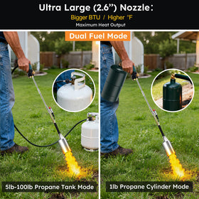 HomeyVenture weed burner with 10 ft hose enables use with large propane tanks.
