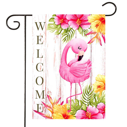 HOMFREEST Flamingo Welcome Flag, 12x18 inches, double-sided visibility to warmly greet guests.