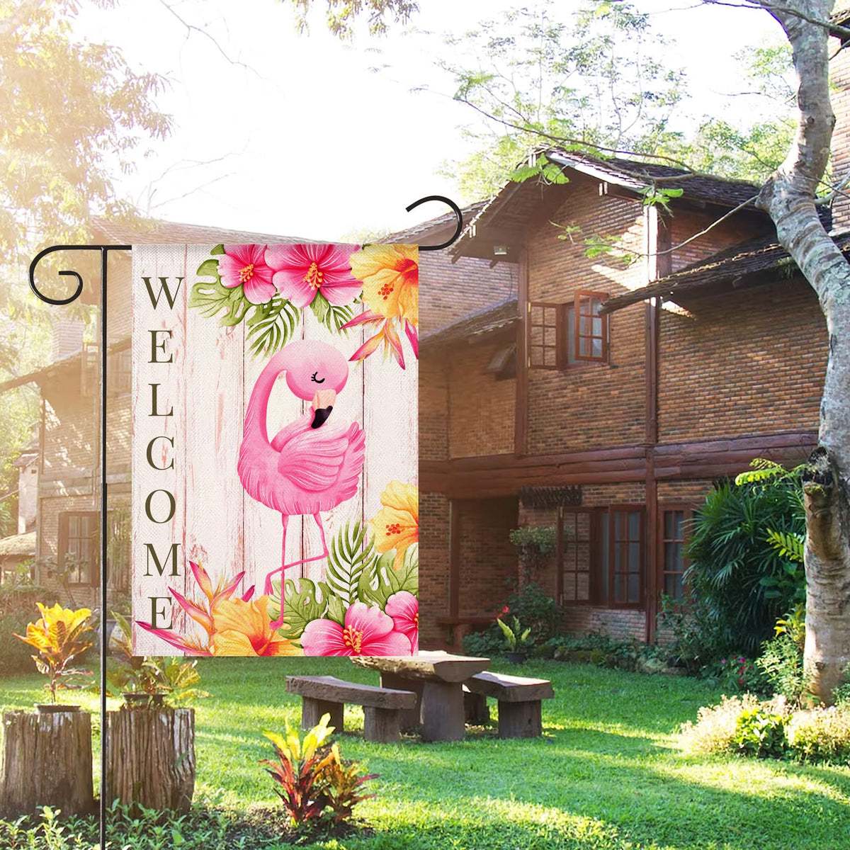 HOMFREEST Outdoor garden flag placed on patio or terrace for seasonal charm.