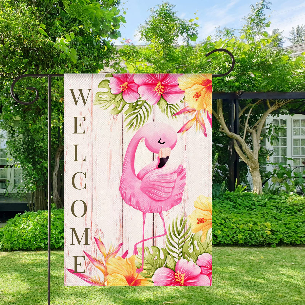 HOMFREEST Summer Garden Flag for outdoor patio and balcony display, vibrant tropical pink motif.