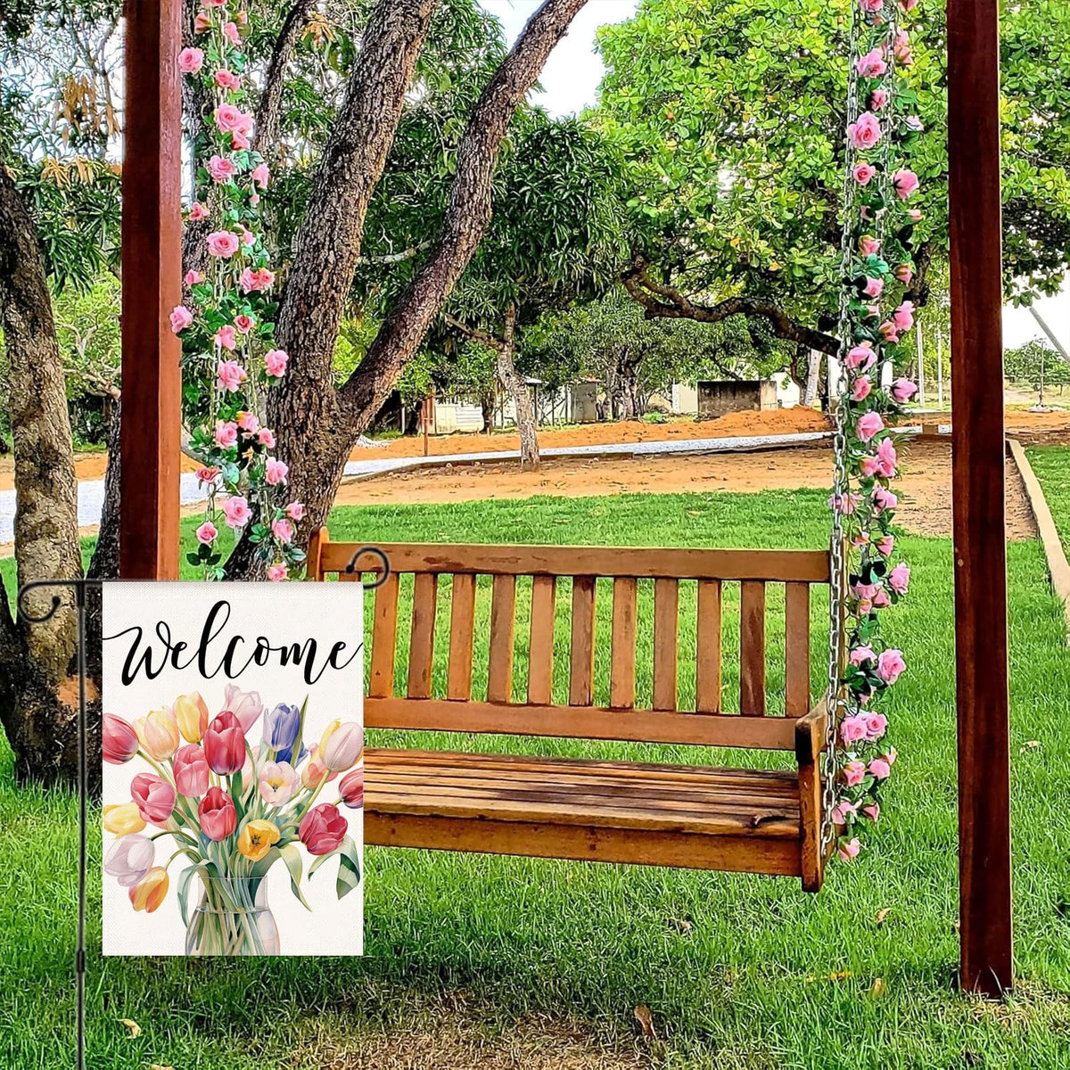 HOMFREEST Tulip Spring flag back view shows same vibrant colors from both sides