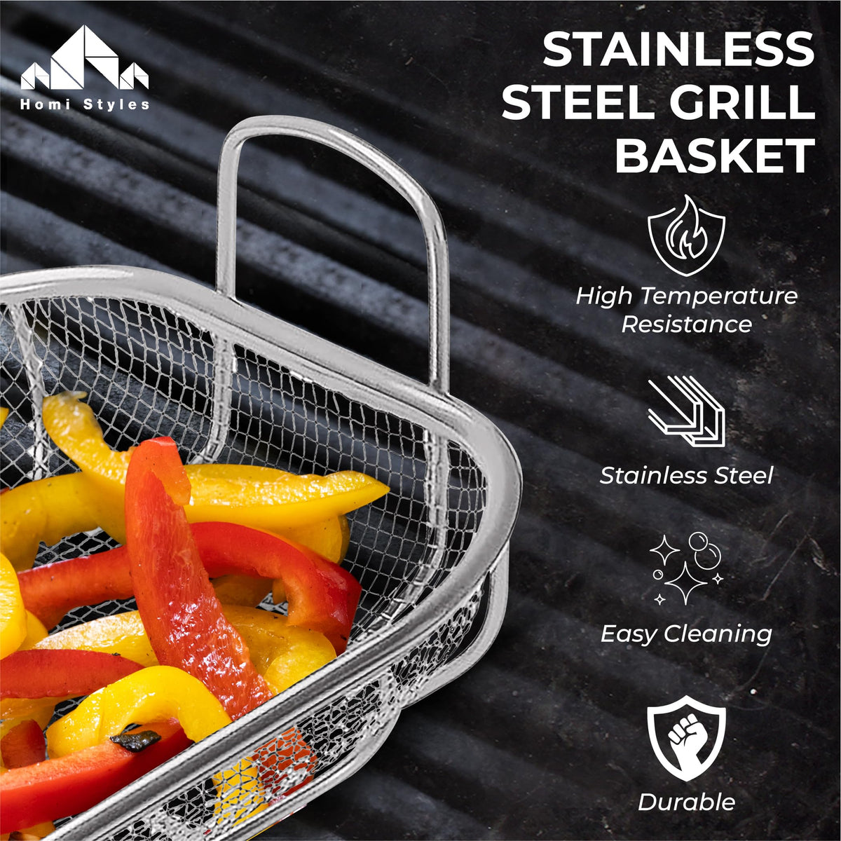 Homi Styes grill basket with handles for easy transport during outdoor cooking.