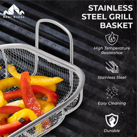 Homi Styes grill basket with handles for easy transport during outdoor cooking.