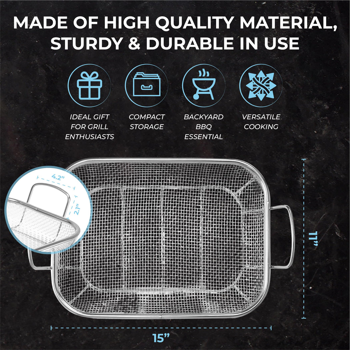 Homi Styes versatile grill basket for vegetables, mushrooms, meat, and seafood.