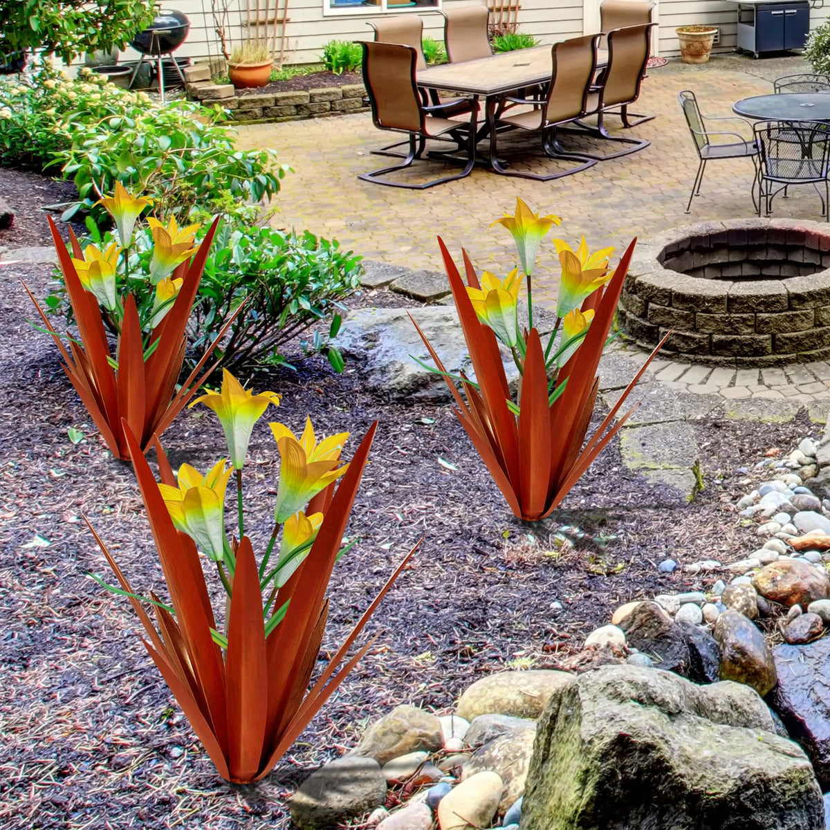 Homight metal agave with yellow lilies enhances garden color and curb appeal.