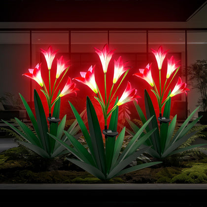 Homight solar metal agave lily sculpture glowing at dusk for outdoor ambience.