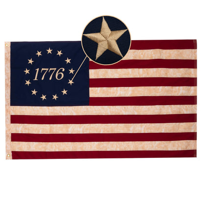 The Homissor Betsy Ross flag shows a tea-stained 3x5 outdoor display.