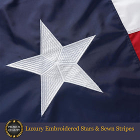 Homissor Texas flag close-up showing embroidered star detail and craftsmanship.