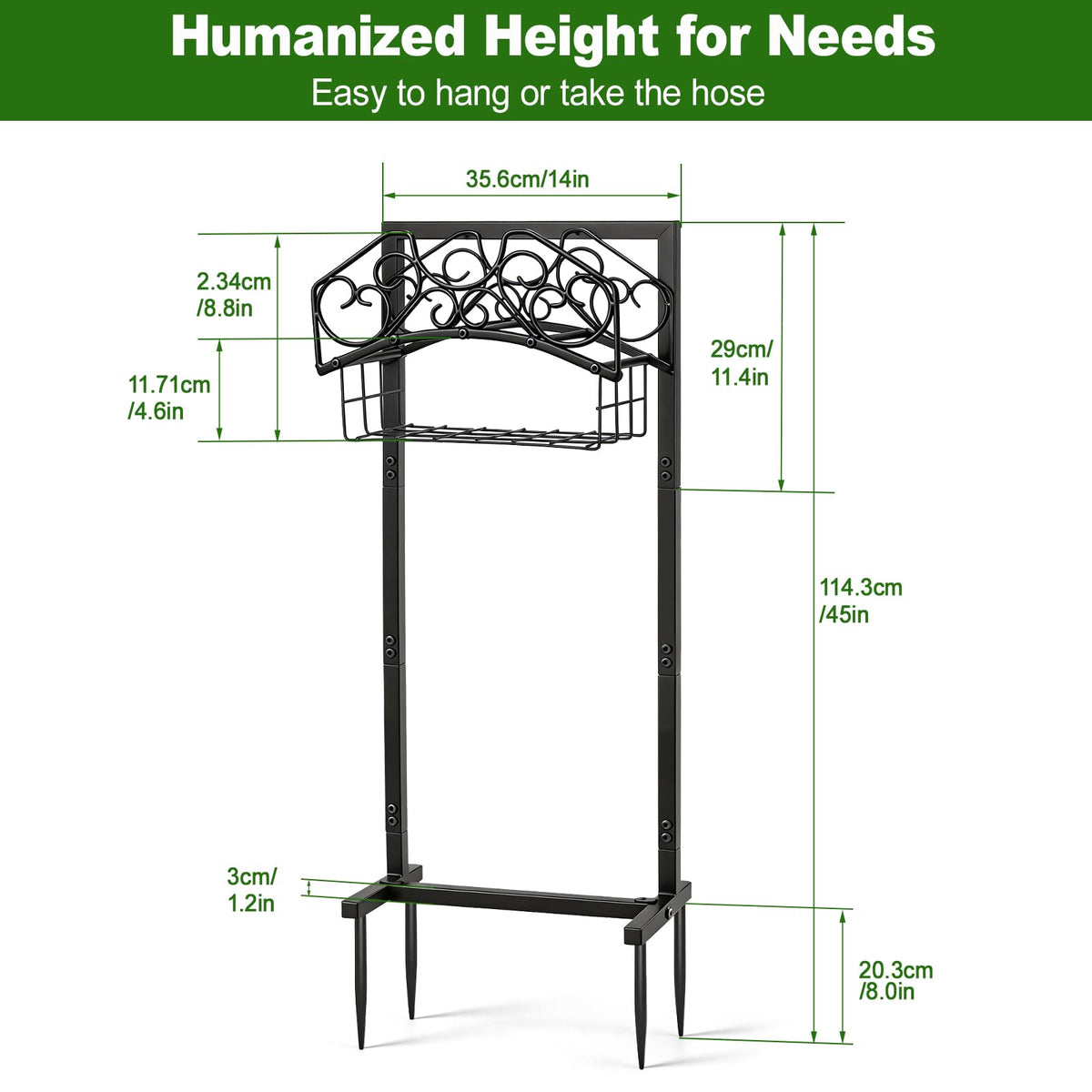 Detachable storage basket on Homiton holder for garden tools and nozzles.