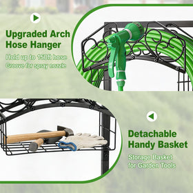 Freestanding base with ground spikes provides stable outdoor hose storage.