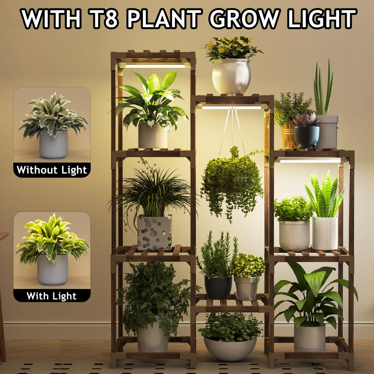 Three-headed grow lights provide even spectrum across shelves.