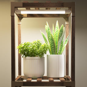 Versatile plant shelf that enhances living room or patio.