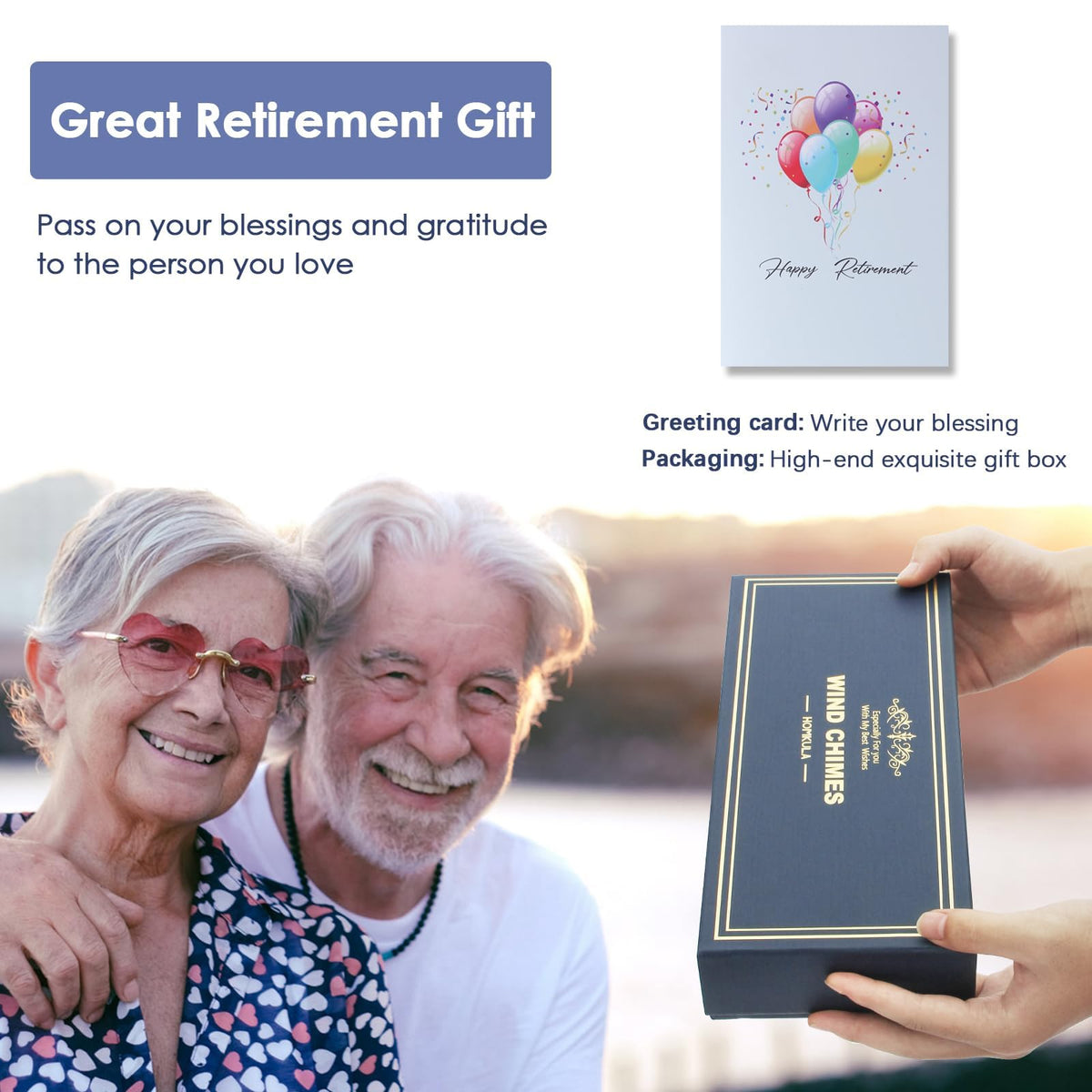 HOMKULA retirement wind chimes presented in a blue gift box with card.