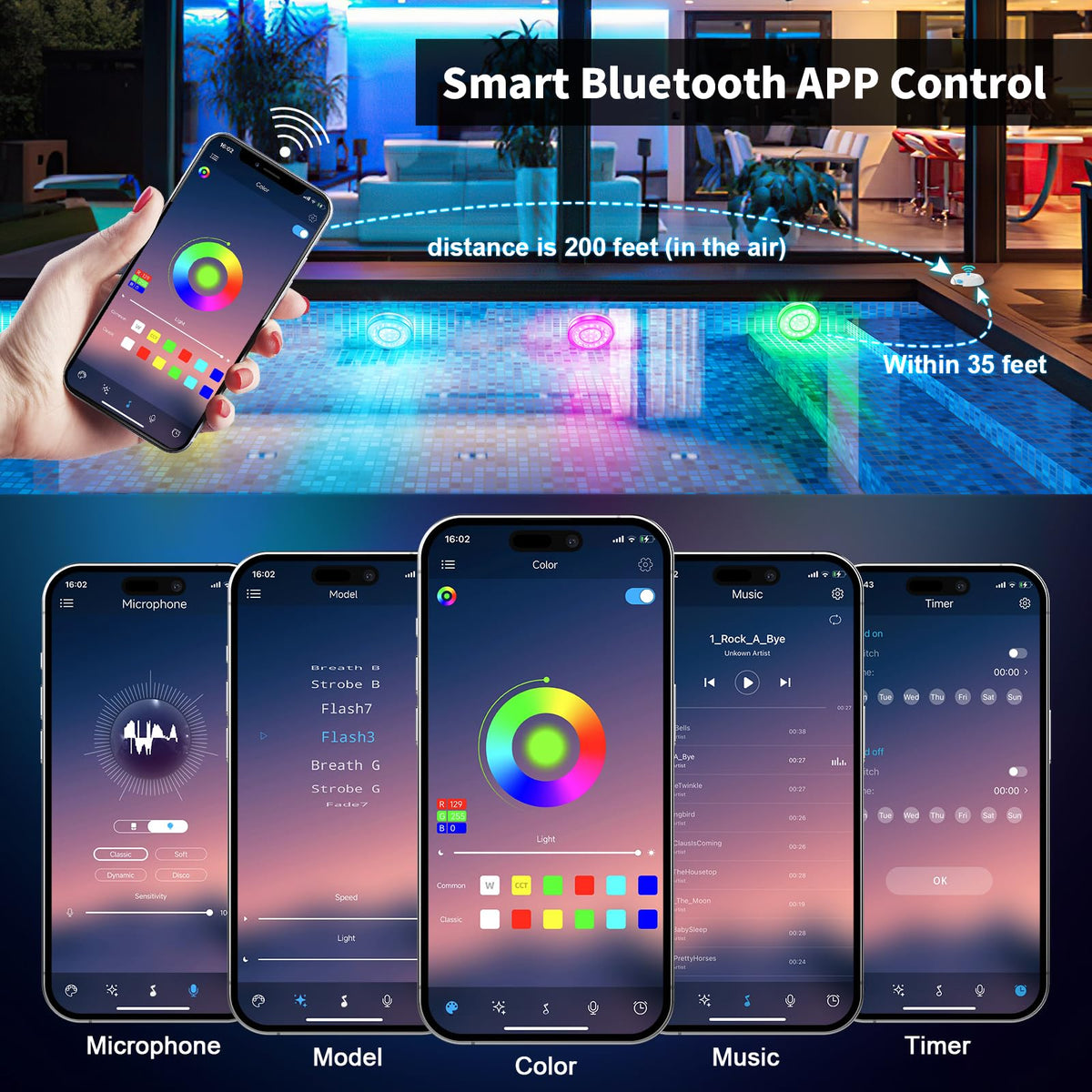 Homly LEDs in music-synced mode creating dynamic pool atmosphere