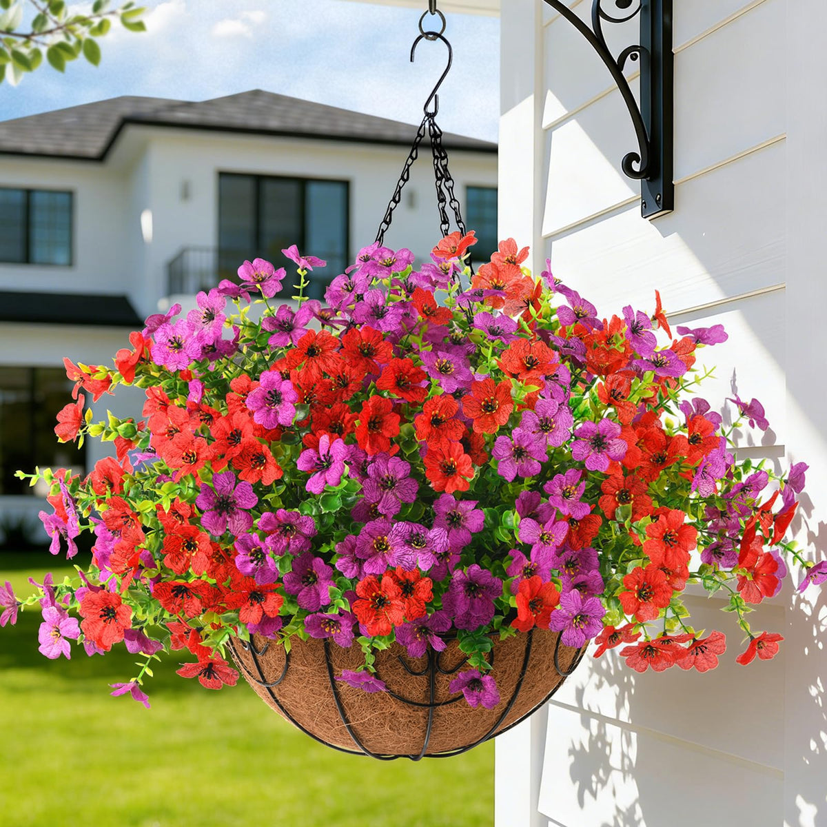 Hommyea artificial flowers hanging basket with 12 branches adds year-round color.